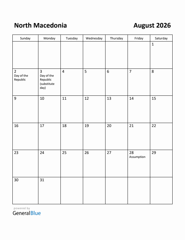 August 2026 Calendar with North Macedonia Holidays