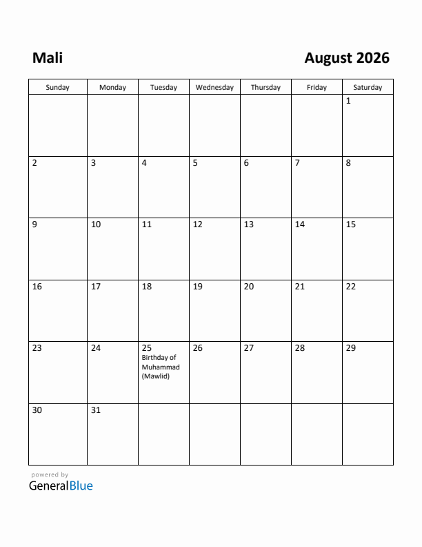 August 2026 Calendar with Mali Holidays