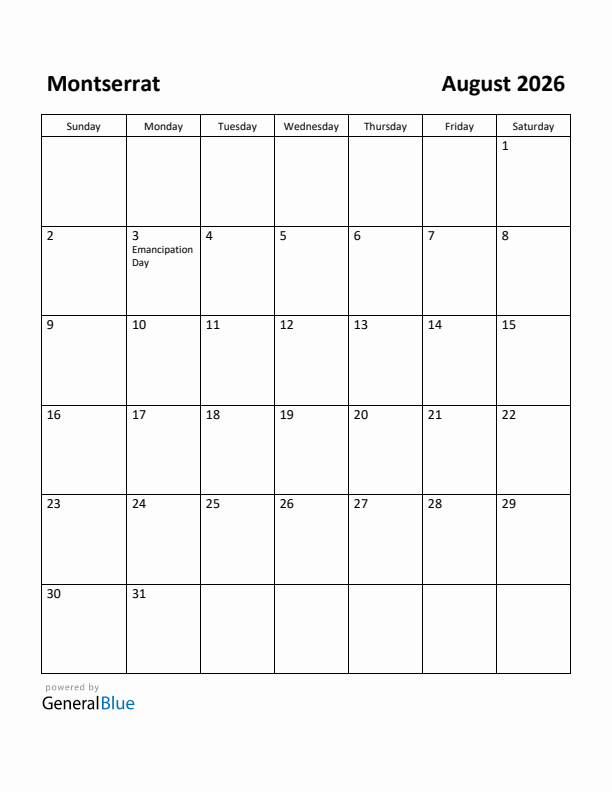 August 2026 Calendar with Montserrat Holidays