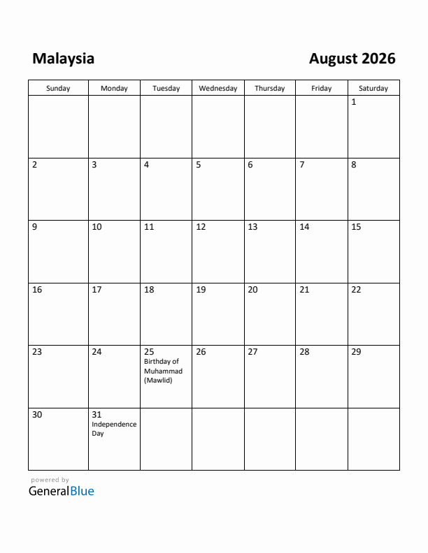 August 2026 Calendar with Malaysia Holidays