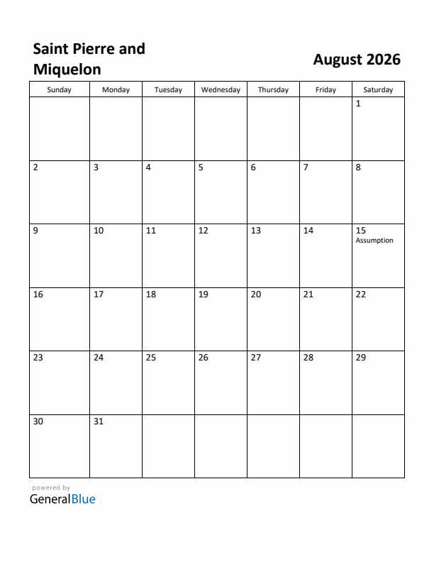 August 2026 Calendar with Saint Pierre and Miquelon Holidays