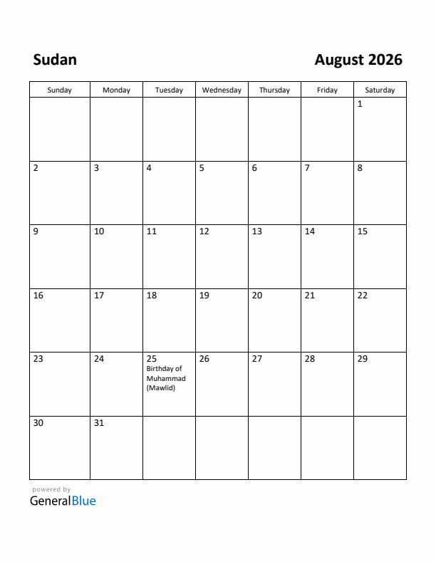 August 2026 Calendar with Sudan Holidays