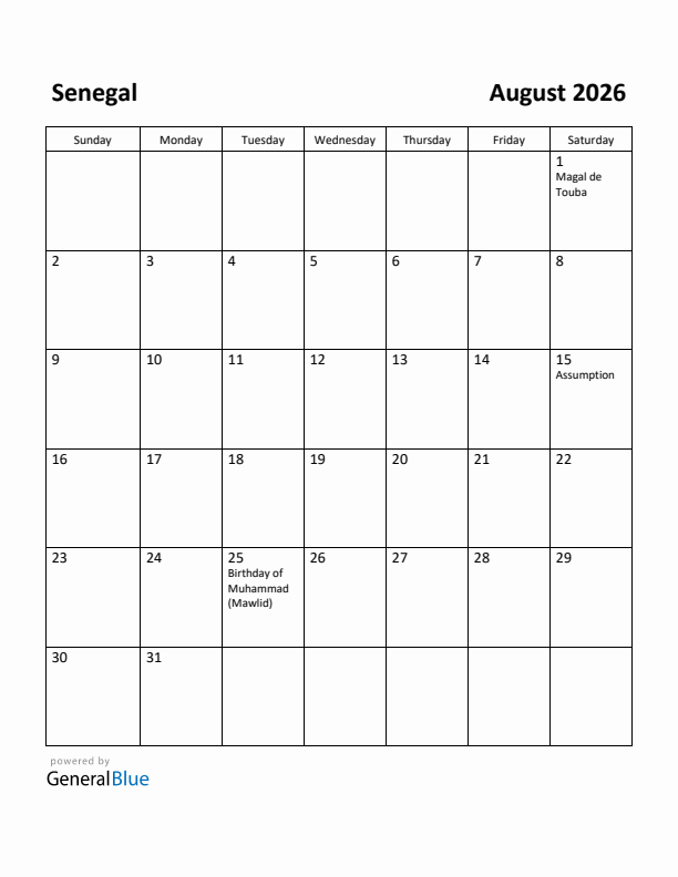 August 2026 Calendar with Senegal Holidays