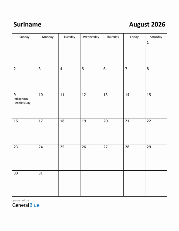 August 2026 Calendar with Suriname Holidays