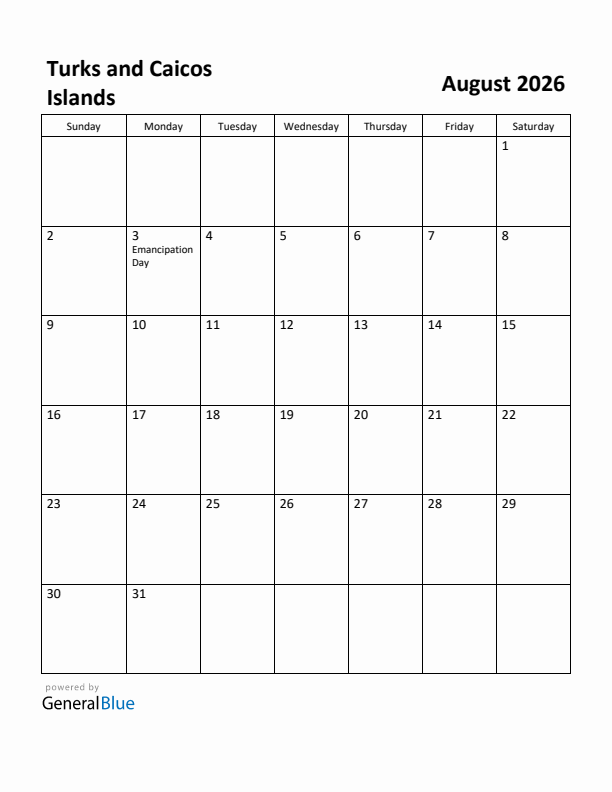 August 2026 Calendar with Turks and Caicos Islands Holidays