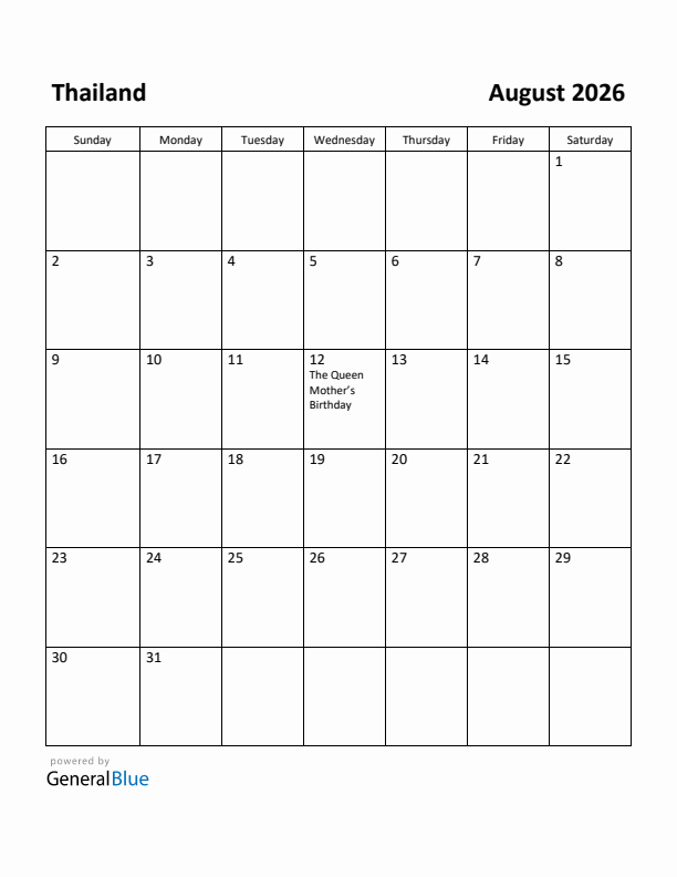 August 2026 Calendar with Thailand Holidays
