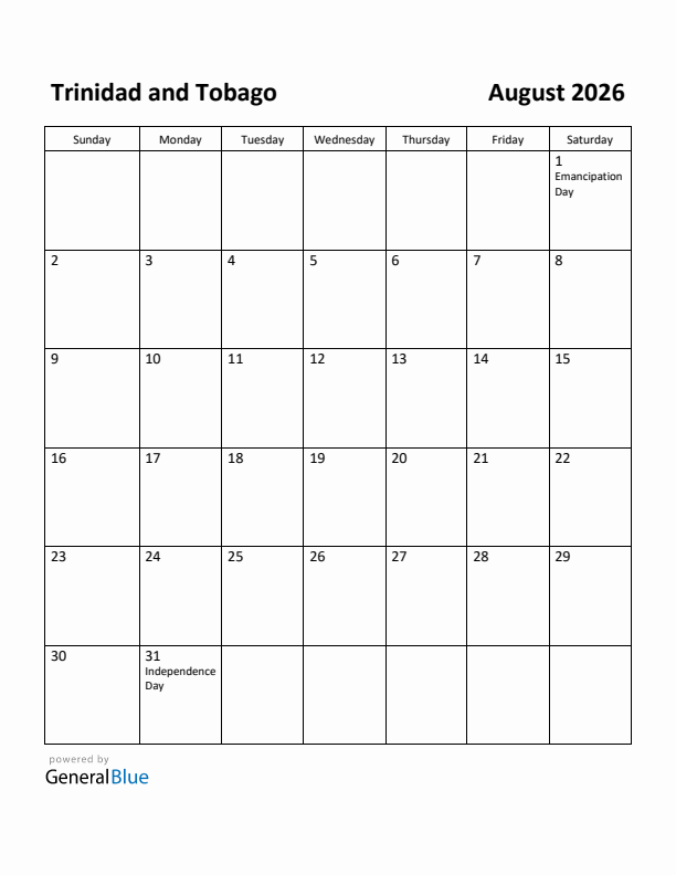 August 2026 Calendar with Trinidad and Tobago Holidays