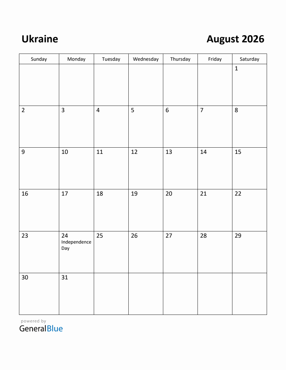 Free Printable August 2026 Calendar for Ukraine