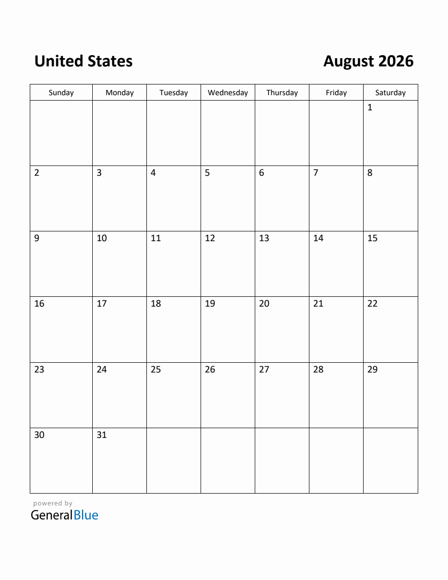 Free Printable August 2026 Calendar for United States