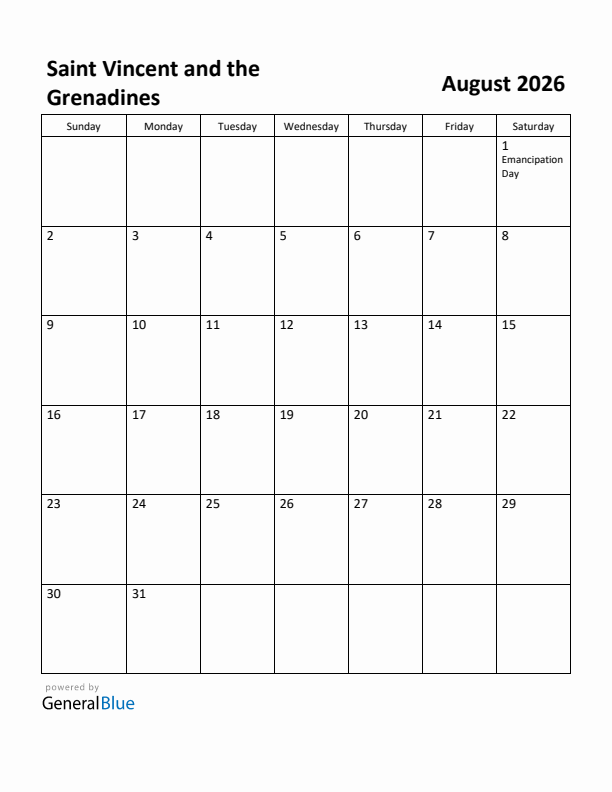 August 2026 Calendar with Saint Vincent and the Grenadines Holidays