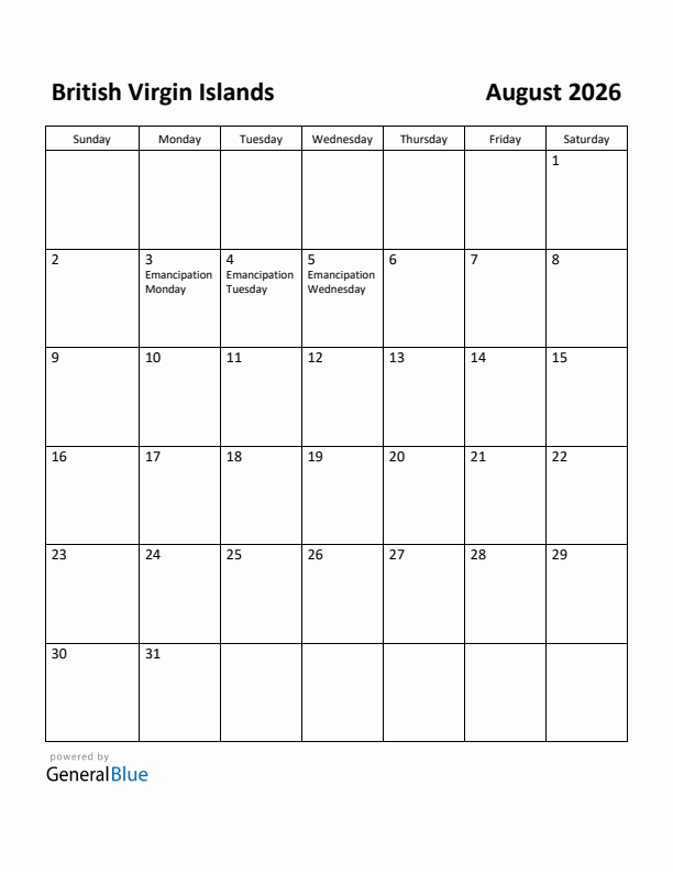 August 2026 Calendar with British Virgin Islands Holidays