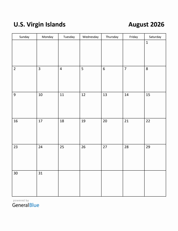 August 2026 Calendar with U.S. Virgin Islands Holidays