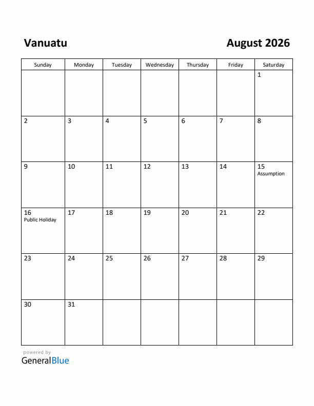 August 2026 Calendar with Vanuatu Holidays