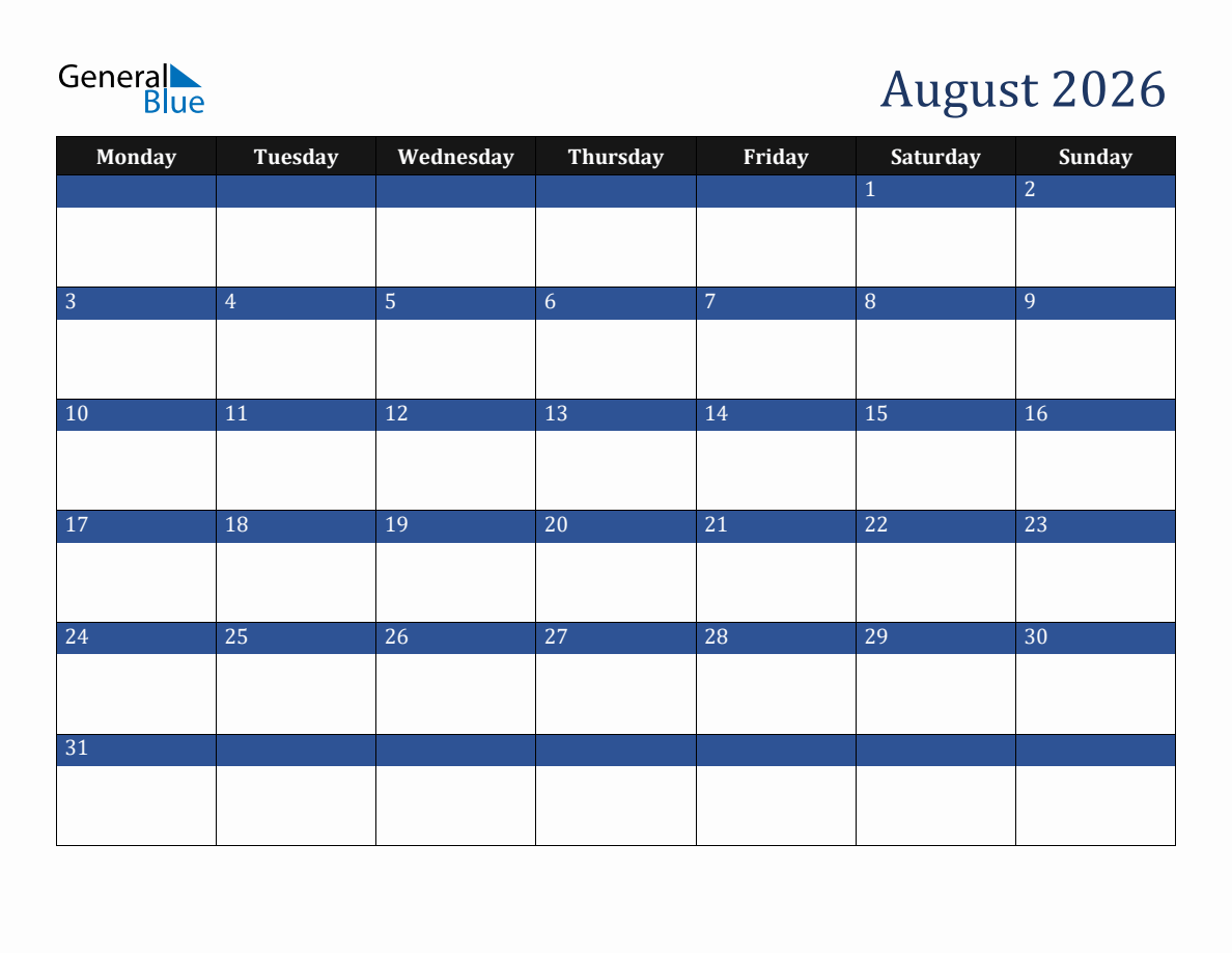 August 2026 Downloadable Calendar - Monday Start
