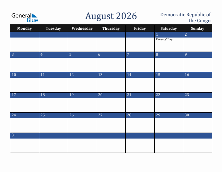 August 2026 Democratic Republic of the Congo Calendar (Monday Start)