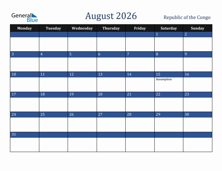 August 2026 Republic of the Congo Calendar (Monday Start)