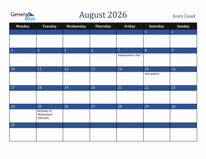 August 2026 Ivory Coast Calendar (Monday Start)