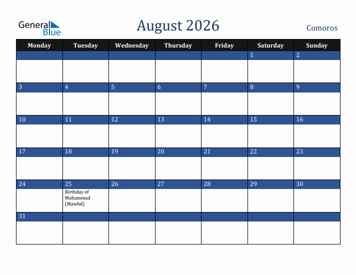 August 2026 Comoros Calendar (Monday Start)