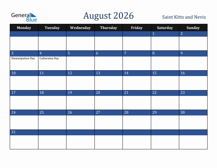 August 2026 Saint Kitts and Nevis Calendar (Monday Start)