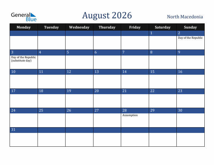 August 2026 North Macedonia Calendar (Monday Start)
