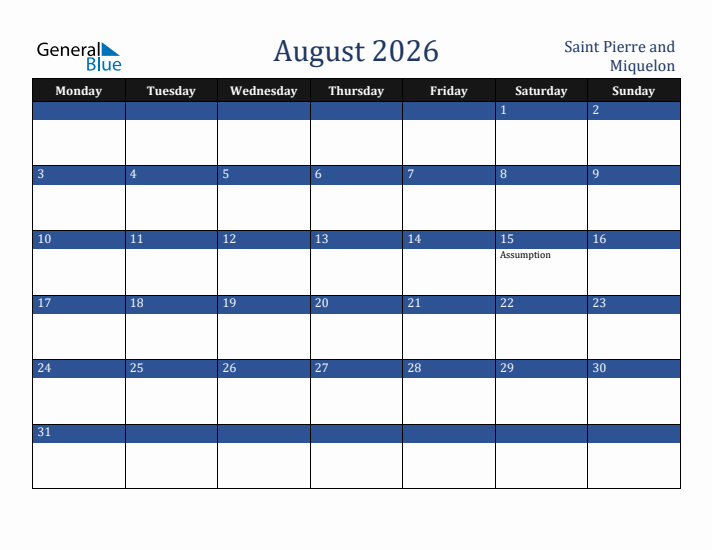 August 2026 Saint Pierre and Miquelon Calendar (Monday Start)