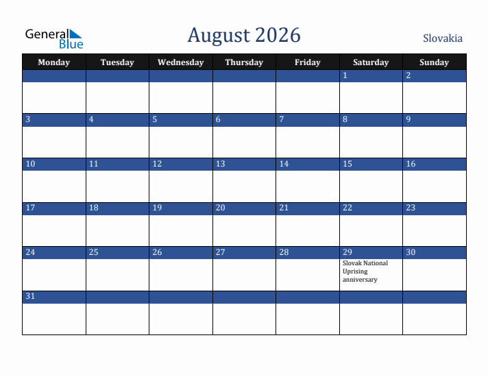 August 2026 Slovakia Calendar (Monday Start)