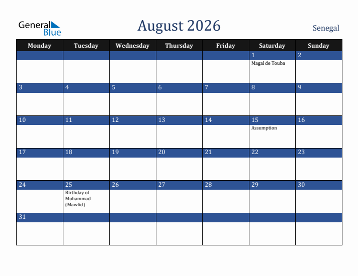 August 2026 Senegal Calendar (Monday Start)