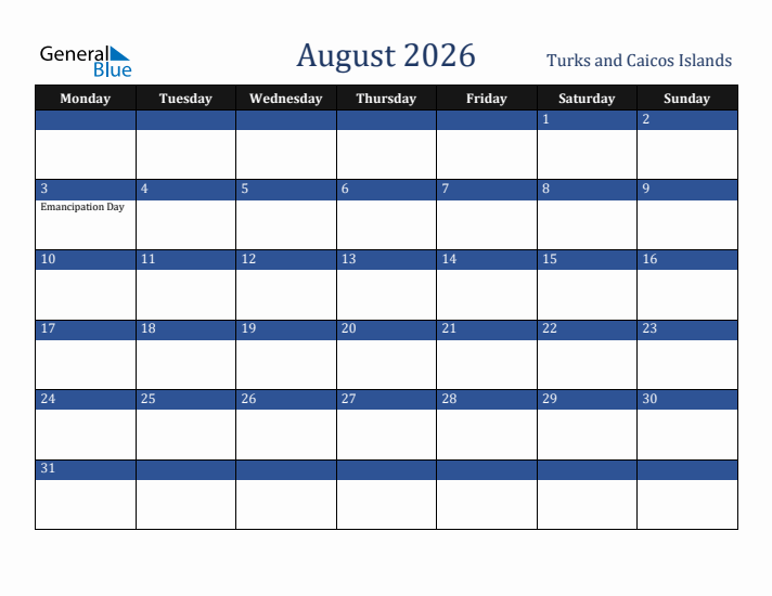 August 2026 Turks and Caicos Islands Calendar (Monday Start)