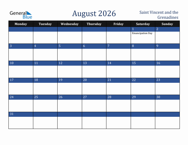 August 2026 Saint Vincent and the Grenadines Calendar (Monday Start)