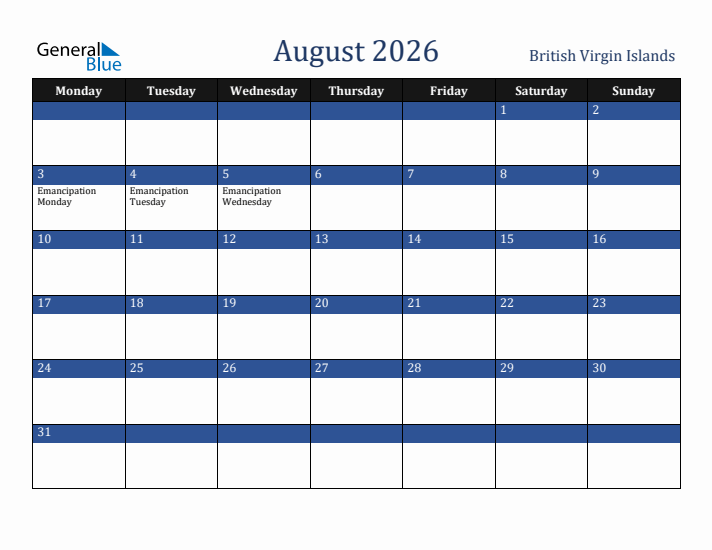 August 2026 British Virgin Islands Calendar (Monday Start)