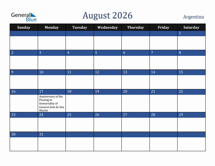 August 2026 Argentina Calendar (Sunday Start)