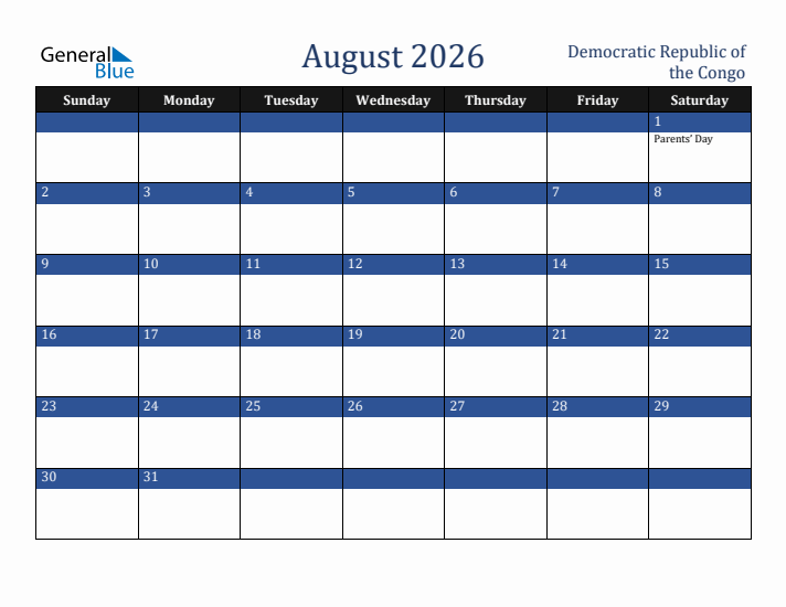 August 2026 Democratic Republic of the Congo Calendar (Sunday Start)