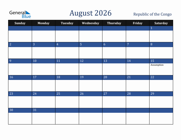 August 2026 Republic of the Congo Calendar (Sunday Start)
