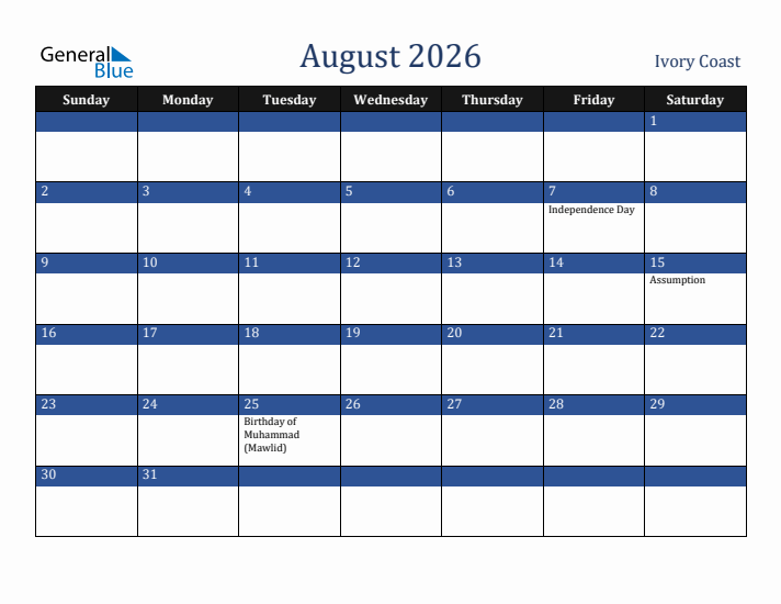 August 2026 Ivory Coast Calendar (Sunday Start)