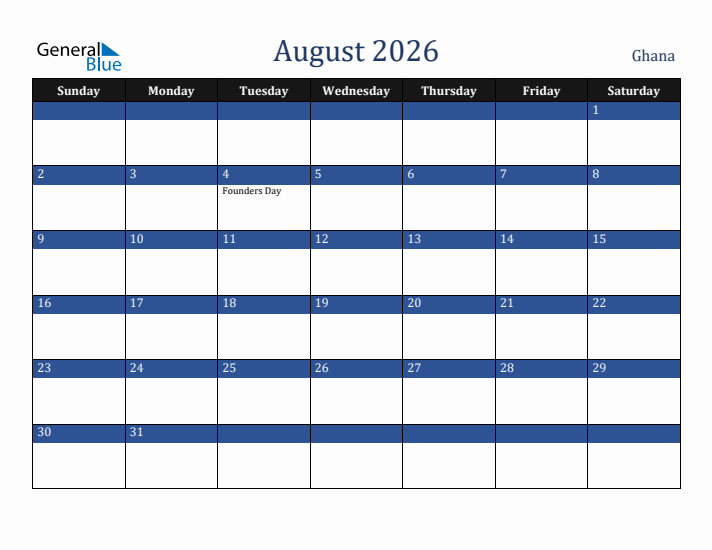 August 2026 Ghana Calendar (Sunday Start)