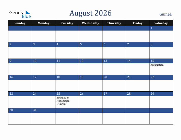 August 2026 Guinea Calendar (Sunday Start)