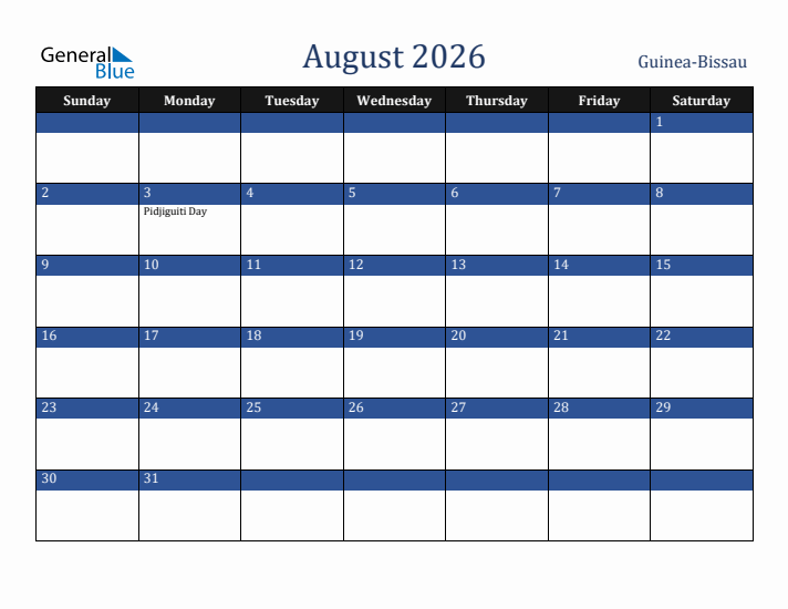 August 2026 Guinea-Bissau Calendar (Sunday Start)