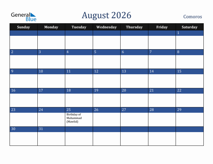 August 2026 Comoros Calendar (Sunday Start)