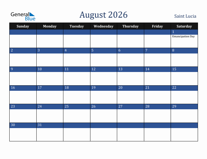 August 2026 Saint Lucia Calendar (Sunday Start)
