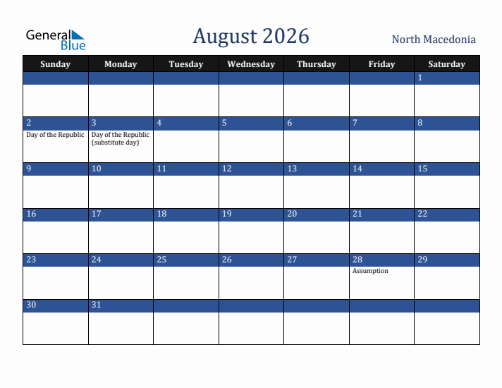 August 2026 North Macedonia Calendar (Sunday Start)