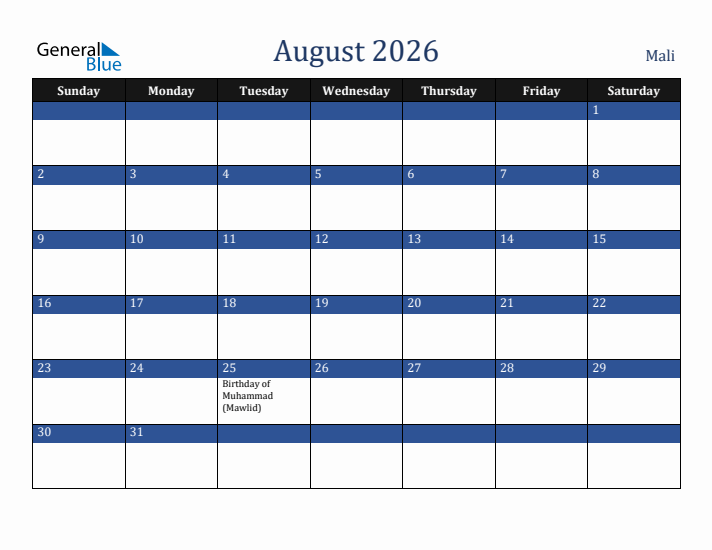 August 2026 Mali Calendar (Sunday Start)