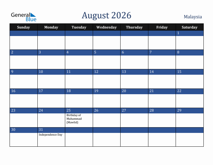 August 2026 Malaysia Calendar (Sunday Start)