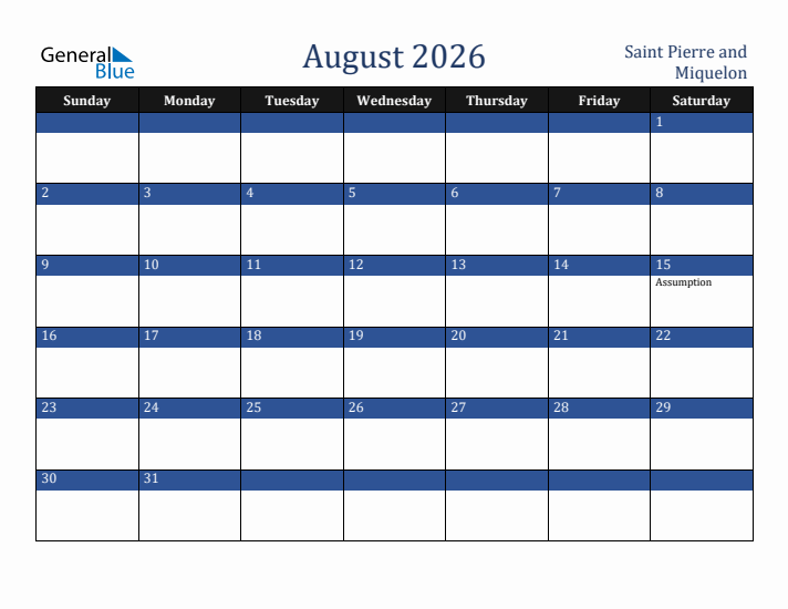 August 2026 Saint Pierre and Miquelon Calendar (Sunday Start)