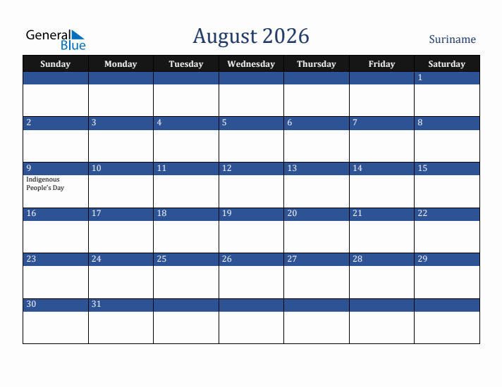 August 2026 Suriname Calendar (Sunday Start)