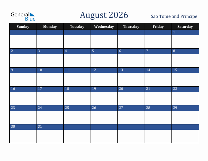 August 2026 Sao Tome and Principe Calendar (Sunday Start)