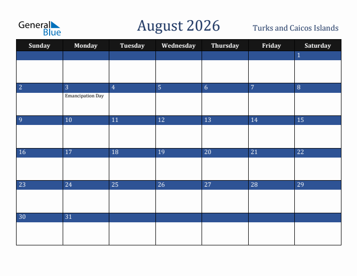 August 2026 Turks and Caicos Islands Calendar (Sunday Start)