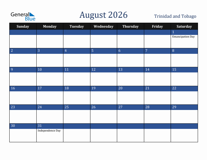 August 2026 Trinidad and Tobago Calendar (Sunday Start)
