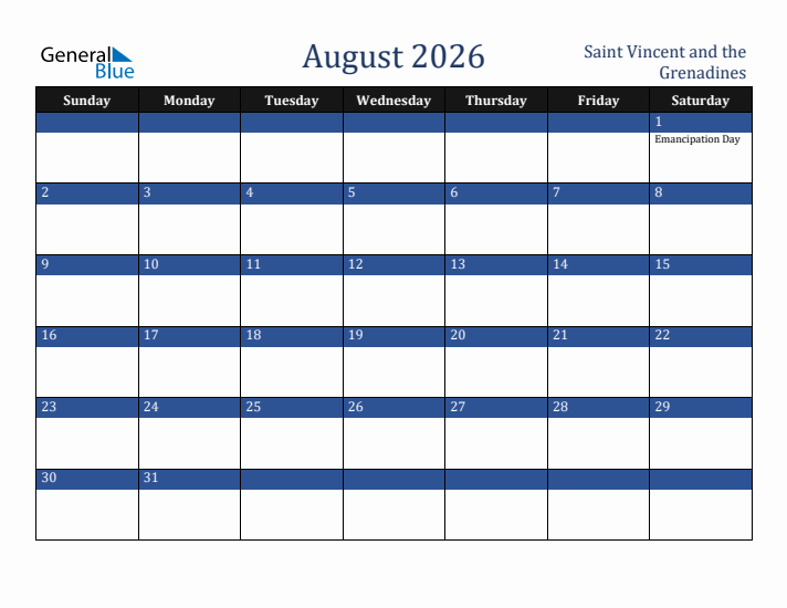 August 2026 Saint Vincent and the Grenadines Calendar (Sunday Start)