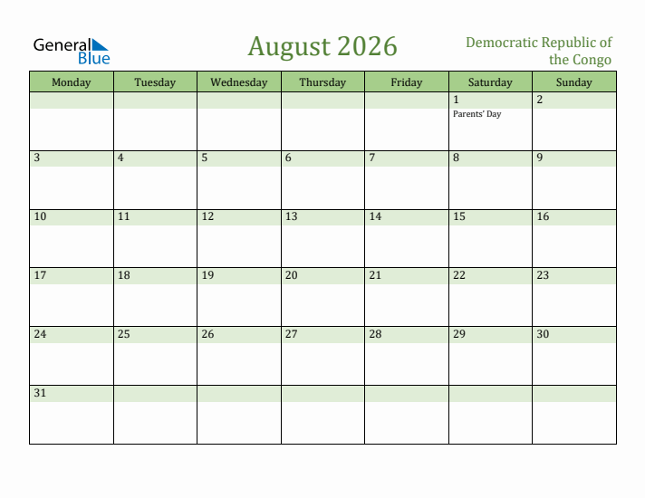 August 2026 Calendar with Democratic Republic of the Congo Holidays