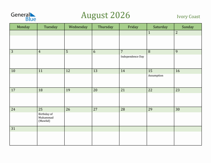 August 2026 Calendar with Ivory Coast Holidays